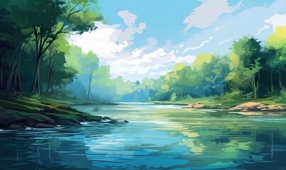 Fototapeta premium Serene River Flowing Through Lush Green Forest