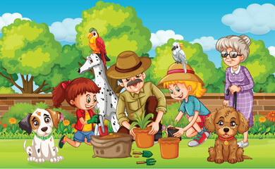 Family and pets enjoying gardening together
