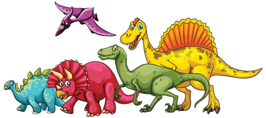 Five dinosaurs in a playful scene