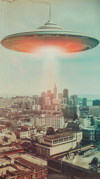 Retro vintage color photograph movie poster  dramatic UFO flying saucer over a big city news style 1960s sci-fi science fiction alien invasion journalistic hoax conspiracy theory concepts
