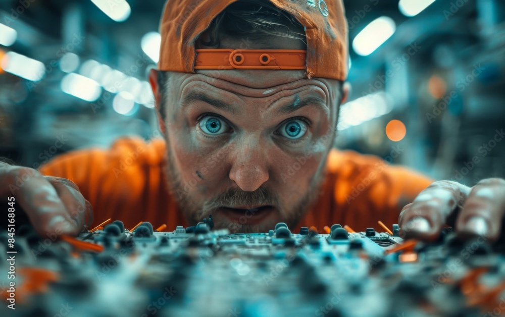 Poster a man in an orange shirt is looking down at a pile of electronic components. the image has a playful