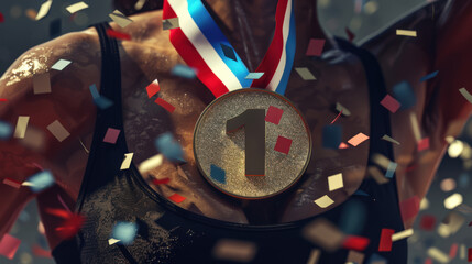 Awarding of the Olympic champion who took the first place in the competition. A woman wears a gold medal with the number 1 on it. The medal is surrounded by confetti