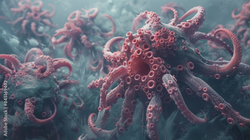 Poster create an attention-grabbing 3d render featuring the sars-cov-2 xbb 1.5 variant portrayed as a menac