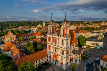 Aerial summer evening sunset view of Saint Catherine's Church, Vilnius old town, Lithuania