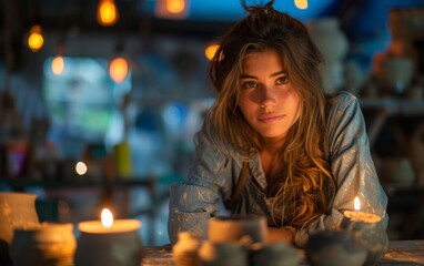A woman is sitting in front of a table with candles and pottery. She is smiling and looking at the camera