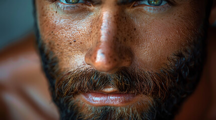 Photorealistic Close-Up of a Bearded Man's Face with Freckles and Intense Eyes for Portrait Design