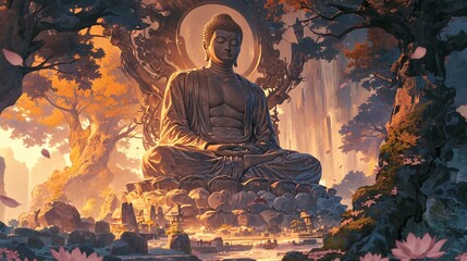 Transcendent Serenity: Illustrated Buddha Statue Engaged in Meditation