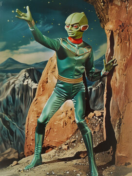 Retro male green space alien with space suit and antennae 1960s color tv show style campy and cool MCM UFO outer space sci-fi science fiction character reptilian