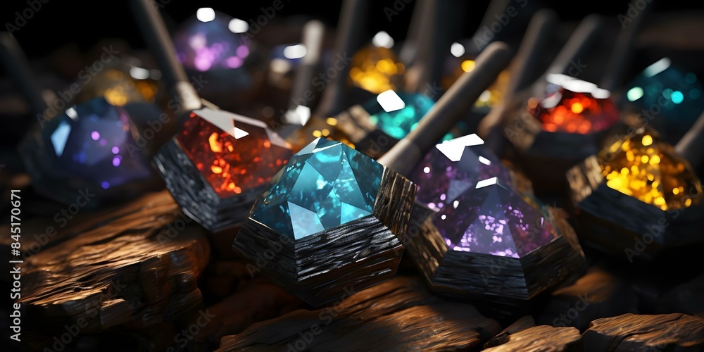 Aufkleber 3d pickaxes mine data gems for valuable insights in subtle glows. concept data mining, 3d visualizat