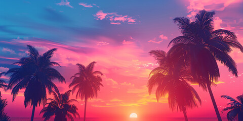 Abstract 3D render of a tropical sunset scene with stylized palm trees and a gradient sky, high-resolution, high-definition (HD), ultra high-definition (UHD), professional-grade