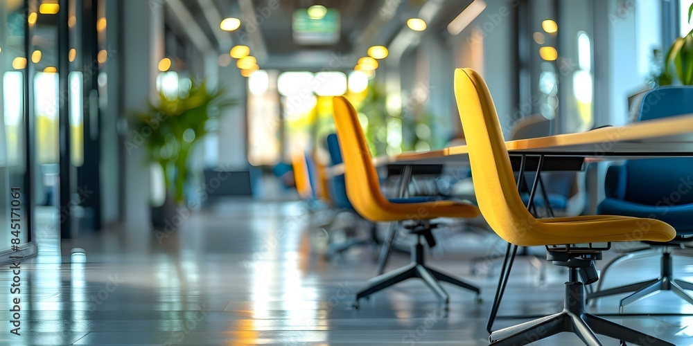 Poster empty openplan office with blurred background showing conference tables and ergonomic chairs. concep