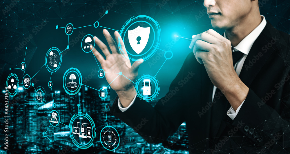 Poster cyber security and digital data protection concept. icon interface showing secure firewall technolog