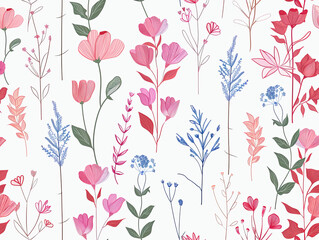 Seamless Floral Pattern with Pink and Red Flowers on White Background, Floral Design, Flower Pattern, Pink Flowers, Red Flowers