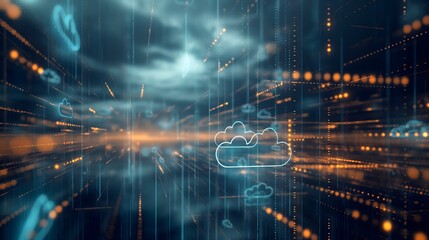 Fototapeta premium 5. Picture a captivating holographic display illuminating the forefront of digital information technology, with cloud icons shimmering against an ever-shifting backdrop of blue and golden light