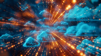 Obraz premium 5. Picture a captivating holographic display illuminating the forefront of digital information technology, with cloud icons shimmering against an ever-shifting backdrop of blue and golden light