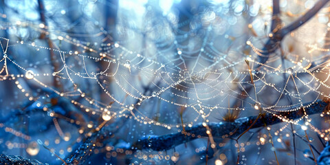 Intricate Spider Web Covered in Dewdrops with Dreamy Blue Forest Background in Soft Morning Light Nature Photography