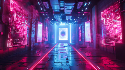 Fototapeta premium Futuristic Sci Fi Neon Glowing Purple Blue Lights Concrete Grunge Corridor Tunnel Spaceship Virtual Reality Background With Smoke Fog Empty Stage Podium 3D Rendering Illustration