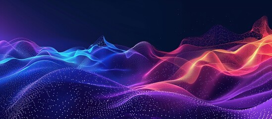 Obraz premium Concept for technology. Purple and blue wave of dots, gradient and grainy particles flow in dark background.