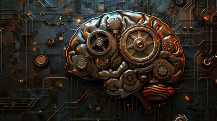 Craft an engaging stock photo that embodies the concept of cognitive machinery with an illustration of a brain adorned with gear designs.