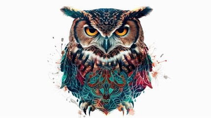 Craft an eye-catching stock photo that celebrates the wisdom and grace of owls with a colorful mandala rendition, beautifully isolated on a white background for a clean and modern look.