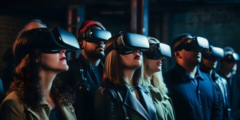 Event guests view crypto donation impact through virtual reality headsets. Concept Virtual Reality Experience, Crypto Donations, Impact Visualization, Event Guests, Technology Integration