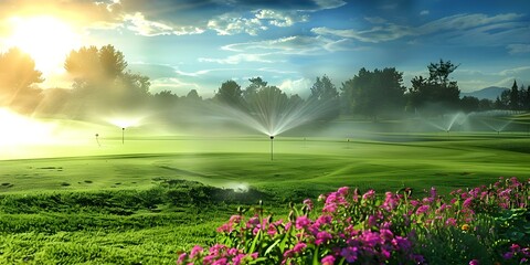 Golf course with an advanced irrigation system using sprinklers for maintenance. Concept Advanced Irrigation System, Golf Course Maintenance, Sprinkler Technology, Green Infrastructure