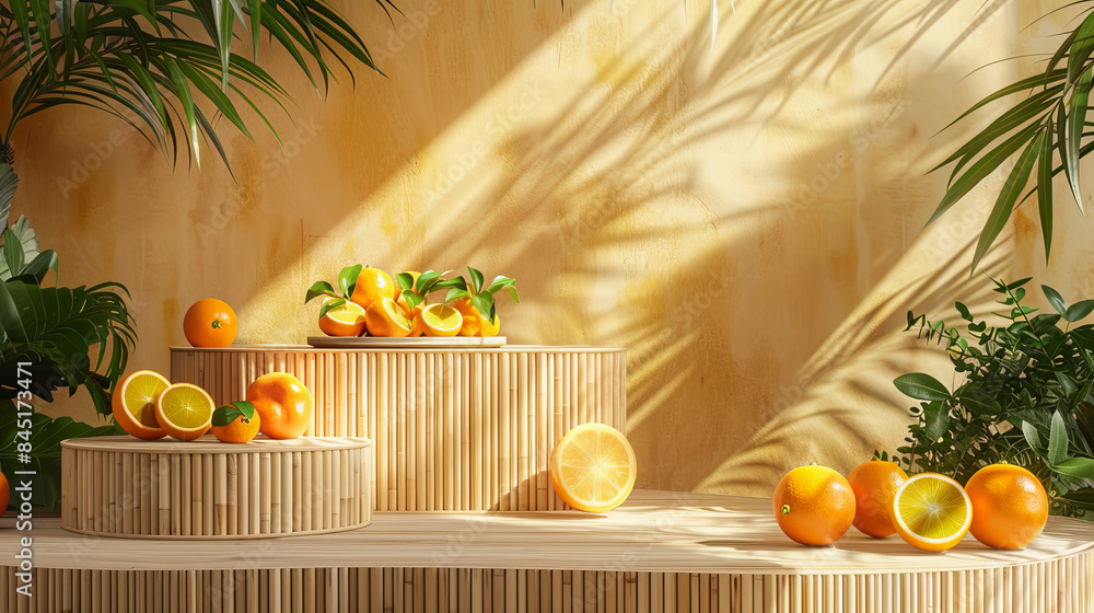 Wall mural fresh ripe oranges on a wooden podium surrounded by lush green plants with sunlight casting shadows,