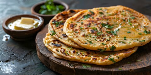 Recipe for vegetarian Indian stuffed flatbread aloo paratha served with butter or curd. Concept Ingredients