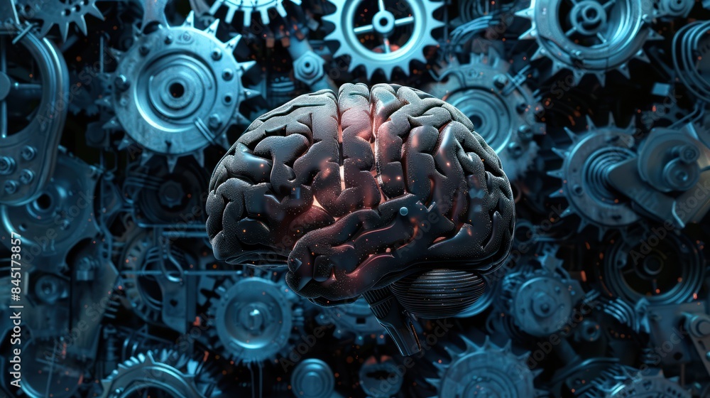 Poster visualize the fusion of knowledge and mechanics with a striking stock photo featuring a brain integr