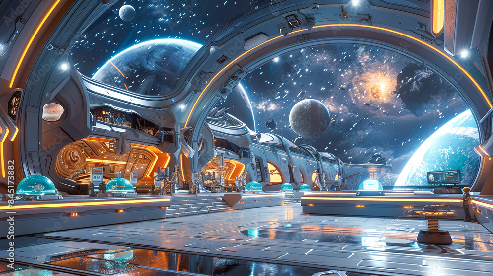 Wall mural futuristic spaceship interior with view of planets and galaxy through porthole window science fictio