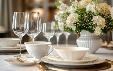 A table is set with white dinnerware and glasses, including wine glasses and a vase of flowers. The table setting is elegant and sophisticated, with a sense of luxury and refinement