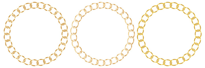 Black & gold chain link circle logo icon symbol. Seamless metal chainlink sign ornament ring shape border. Round Ring connect frame pattern. Vector illustration image. Isolated on white background.