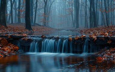Fototapeta premium A stream of water flows through a forest, with leaves scattered on the ground. The water is clear and calm, creating a peaceful atmosphere