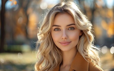 Obraz premium A blonde woman with long hair is smiling and looking at the camera. She is wearing a brown coat and is standing in a park