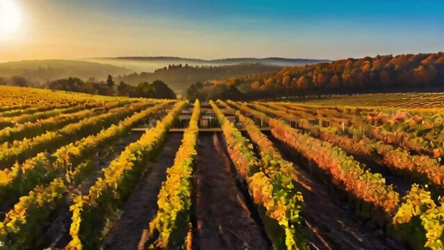 Vineyard landscape bathed in warm sunrise hues, a breathtaking sight in fall season.