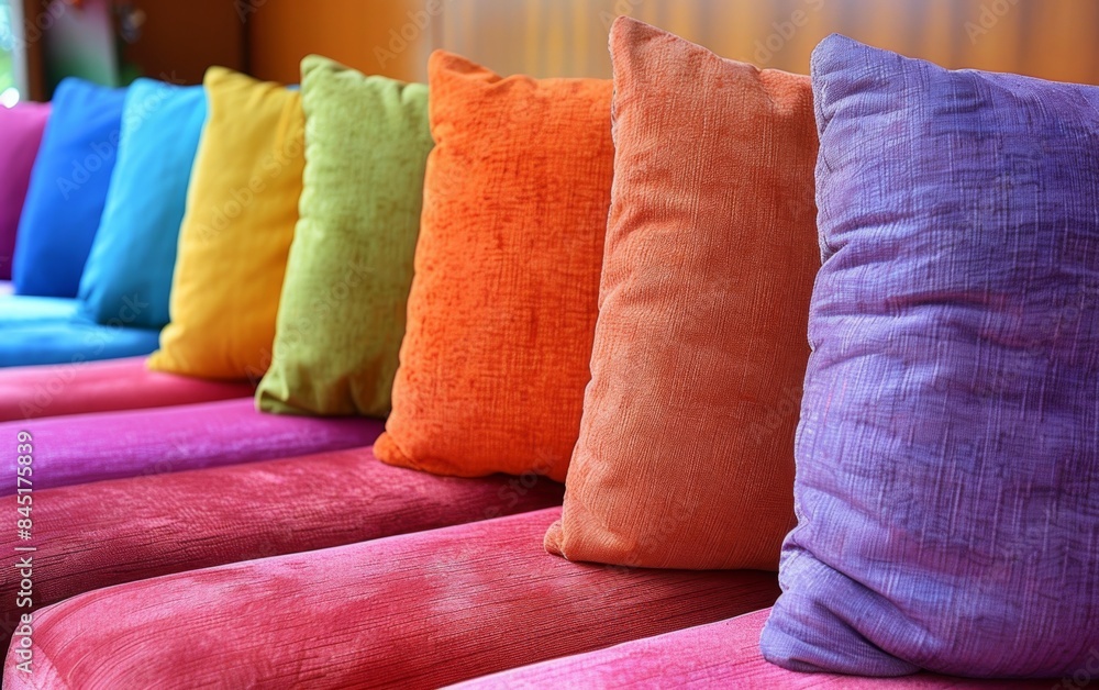 Poster a row of colorful pillows on a couch. the pillows are arranged in a rainbow pattern, with each pillo