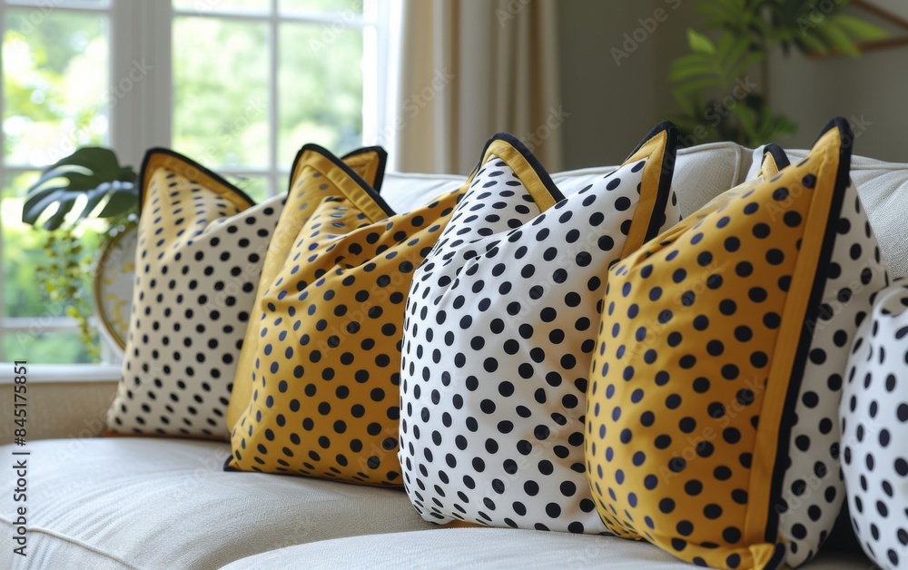Poster a couch is covered with a variety of colorful polka dot pillows. the pillows are arranged in a way t