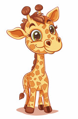 Cute baby giraffe, happy expression, cartoon style, full body portrait, vector illustration, white background, high definition details, cute style, children's book illustrations, watercolor techniques