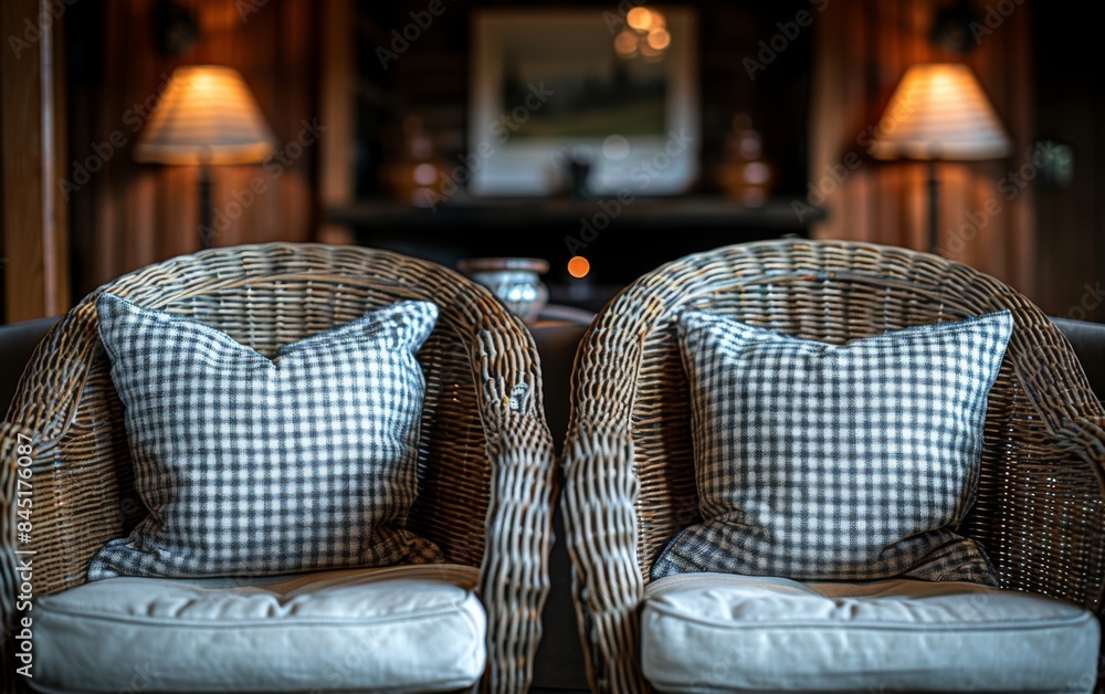 Poster two wicker chairs with black and white checkered pillows. the chairs are facing each other and the p