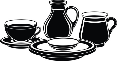 set of tea cups and teapot illustration