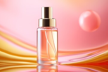 Naklejka premium Cosmetic spa skin care, a glass bottle of collagen serum on a pink-yellow background of water with waves, a professional product for a perfect complexion. Women's accessories, cosmetic base.