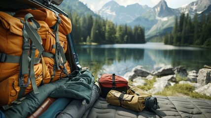 Camping gear packed in car trunk with scenic mountain view