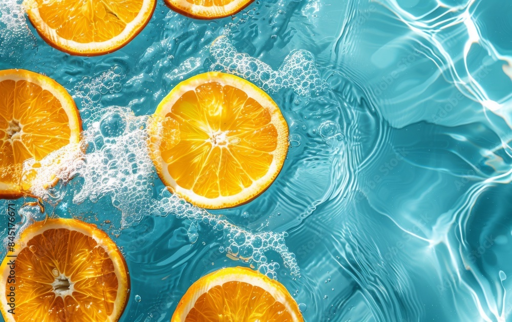 Poster a close up of a pool with a bunch of oranges floating in the water. the oranges are floating on top 