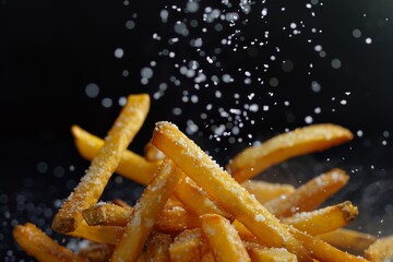 Crispy golden french fries being salted against a black background