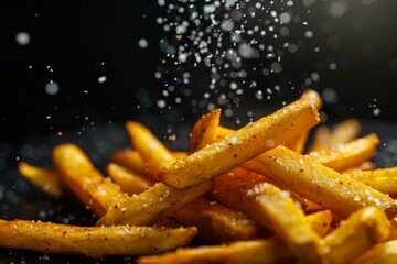 Crispy golden french fries being salted against a black background