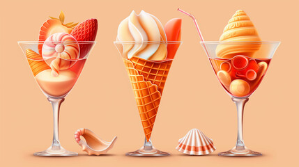 Creative Ice Cream Desserts in Martini Glasses with Pastel Background