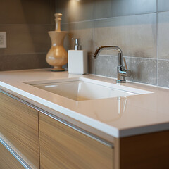 A closeup of the sleek, modern kitchen sink in an apartment with a white marble countertop and stainless steel faucet. The scene includes an elegant orchid plant on one side, adding to its sophisticat