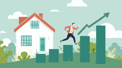 Housing price rising up, real estate or property growth concept, businessman running on rising green graph on house roof. vector