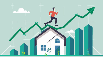 Housing price rising up, real estate or property growth concept, businessman running on rising green graph on house roof. vector