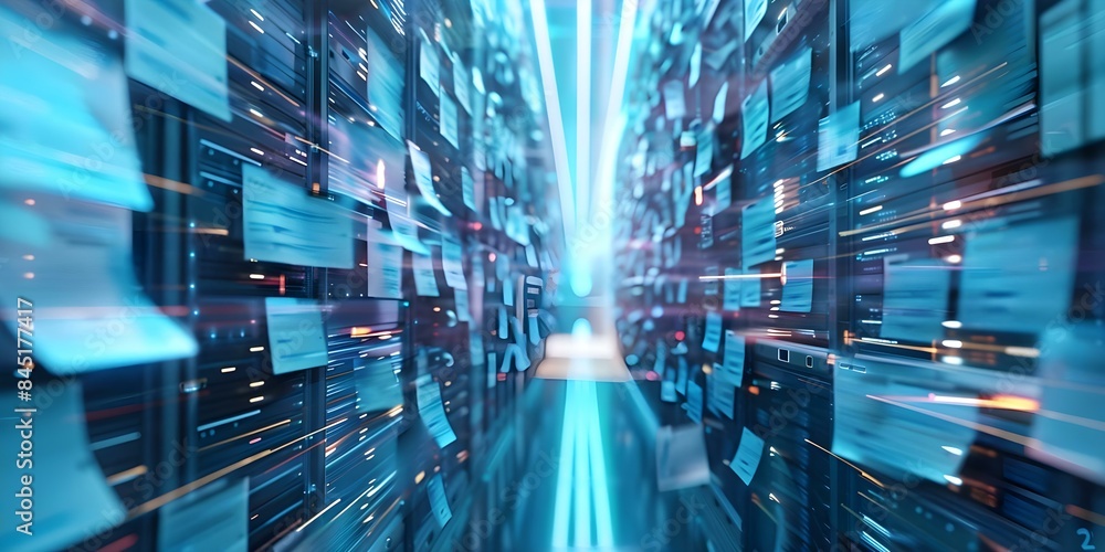 Poster streamlining file organization in corporate settings with a futuristic digital document management s